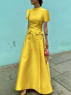 STYLEWE Silky A-Line Bright Yellow Party & Cocktail Maxi Dress Short Sleeve